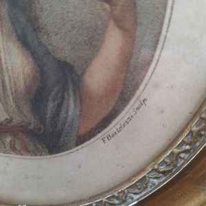 Detail of Bartolozzi credit : Antique Francesco Bartolozzi hand coloured stipple engraved Print of a Bacchante after a painting by Giovanni Battista Cipriani circa 1780 Oval Frame