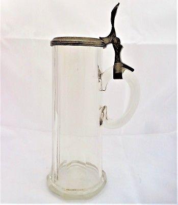 Antique Victorian Lidded Cut Glass Beer Stein 0.5l Pewter Handle and Rim c 1880