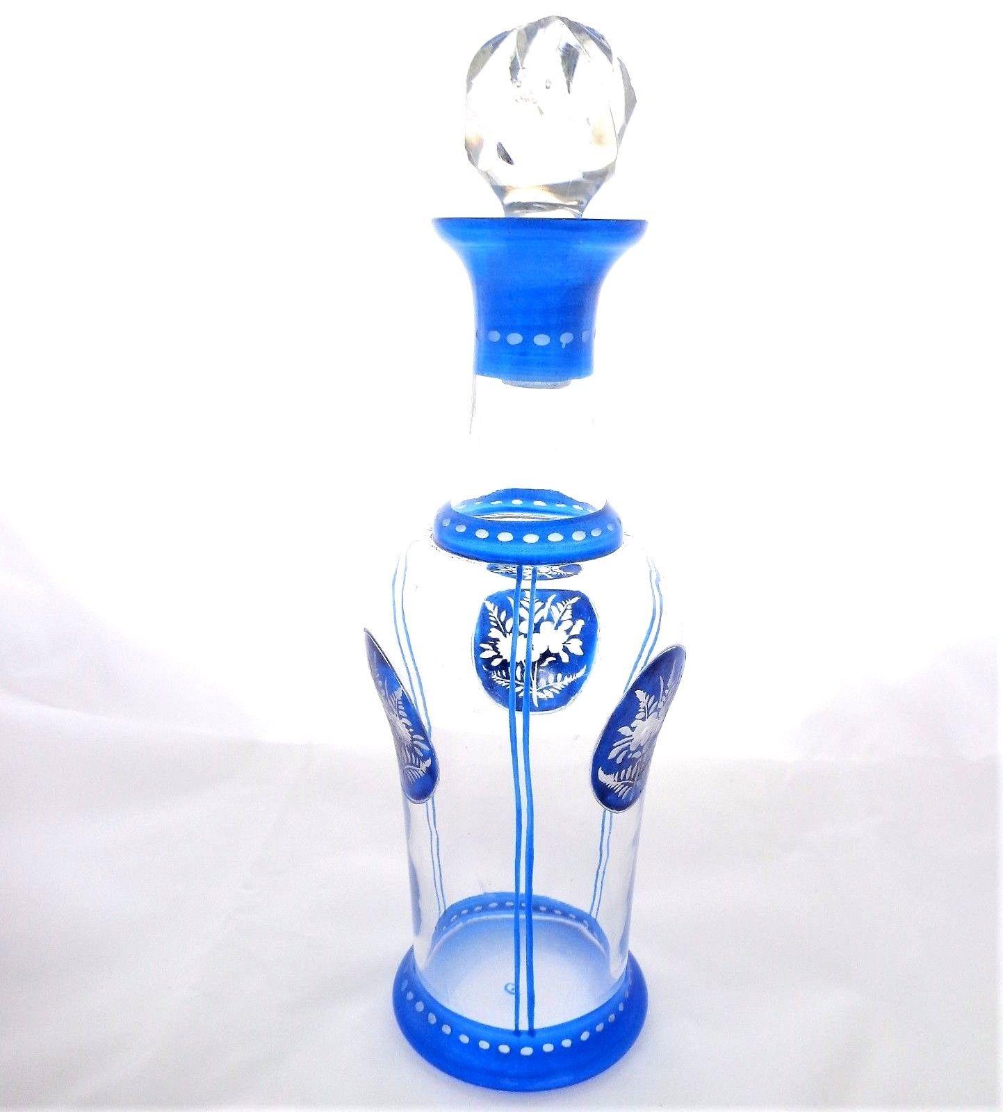 Art Deco French Glass Liqueur Decanter or Scent Bottle Blue Painted and Engraved
