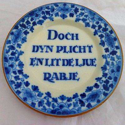 Vintage Blue & White Faience Wall Plate Holland Frisian Hand Painted Proverb NL