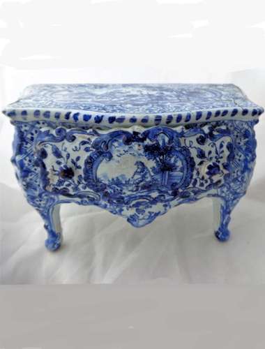 Delft Miniature Bombe Shaped Commode TGE Painted Blue & White Mark JB* Antique