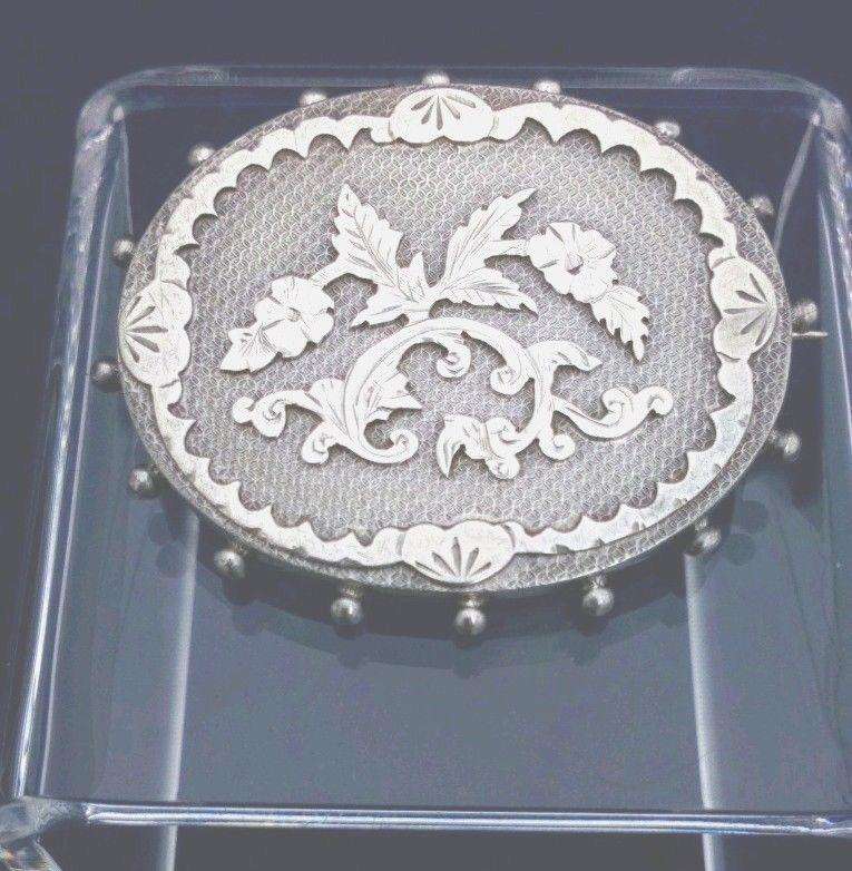 Antique Victorian Aesthetic Movement Silver Brooch Oval Shape Flowers c 1870