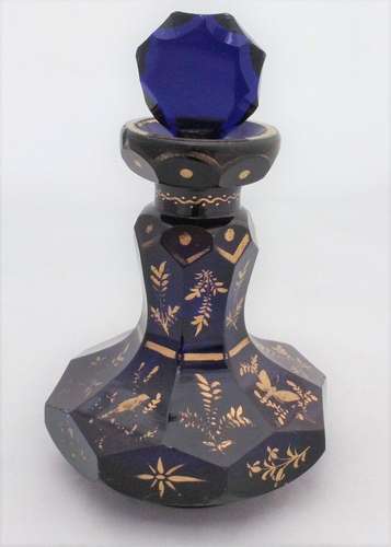 Cobalt Bristol Blue Scent Bottle Faceted Gilded Target Stopper Antique c 1830