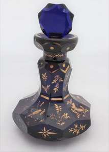 Cobalt Bristol Blue Scent Bottle Faceted Gilded Target Stopper Antique c 1830