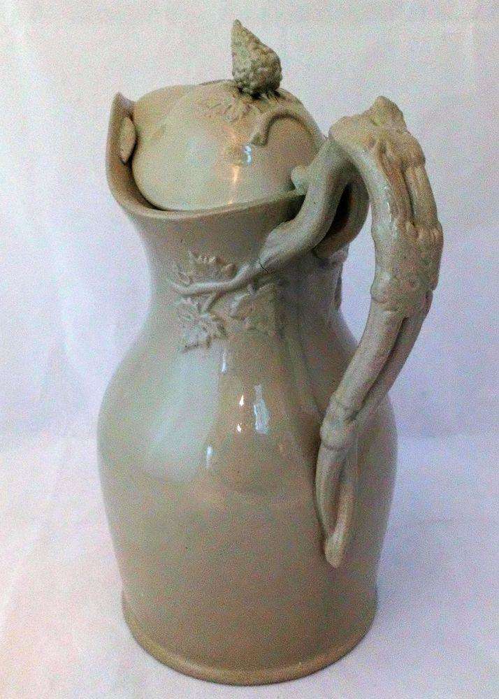 Buff Drabware Stoneware Wine Ewer and Lid Jug Pitcher Antique Victorian C 1850