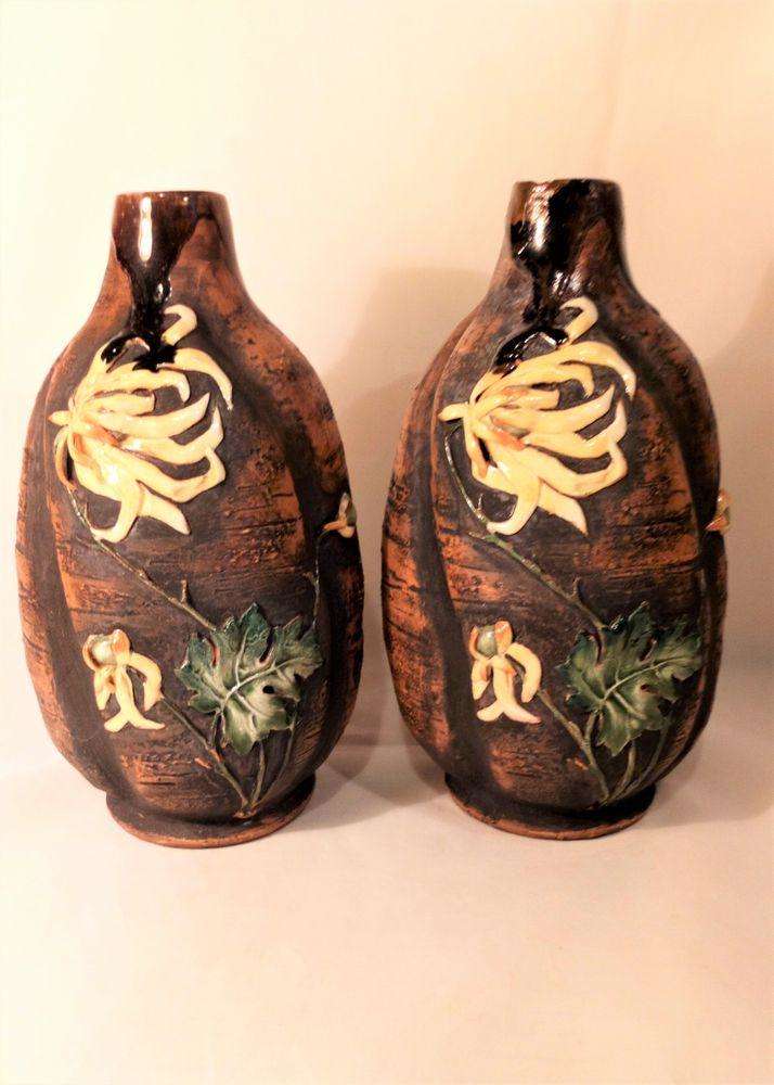 Pair of Porcelain Chrysanthemum Japonesque Vases Antique circa 1880