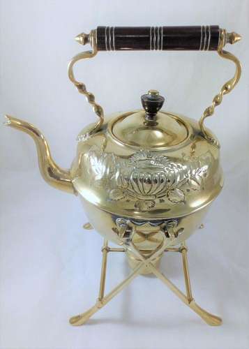 Arts and Crafts Brass Spirit Kettle Stand and Burner Leaf Urn Design c 1900