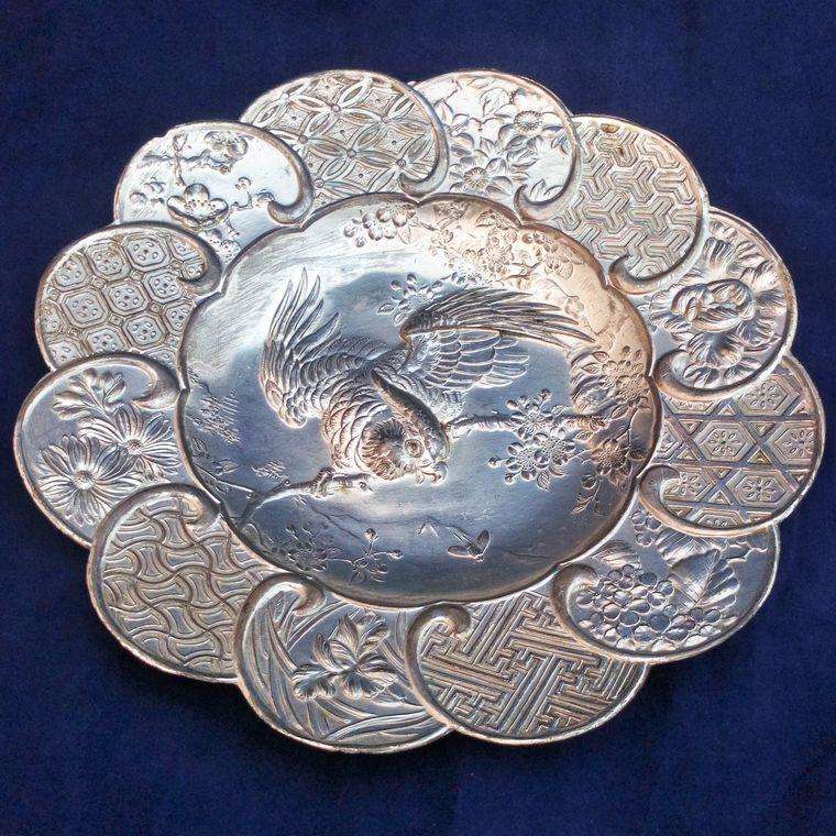 Japanese Silver Plated Decorative Plate Parrot Blossom 7 inch Antique c 1900 Meiji