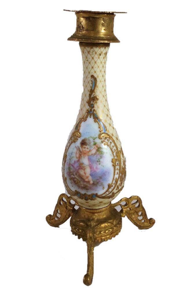 Antique Sevres Type French Porcelain Ormolu Candlestick Hand Painted Cupid 1860