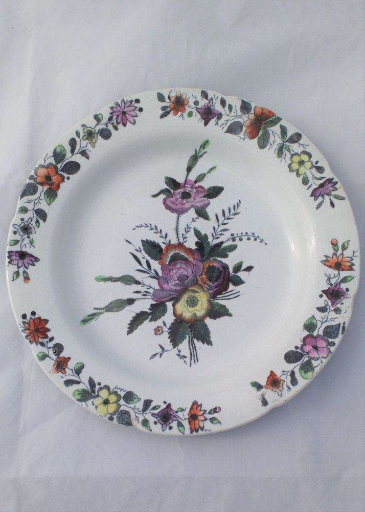 French Pearlware Dessert Plate Hand Coloured Floral Sprays Antique 19th C