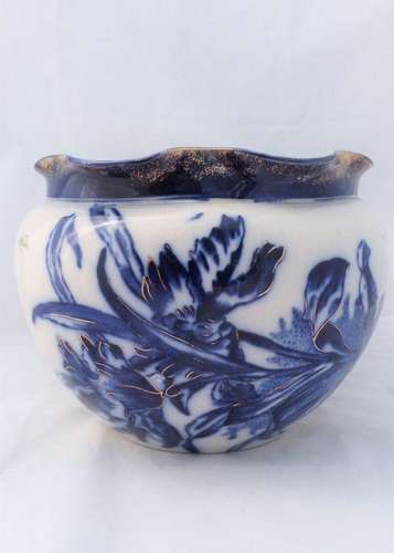 Art Nouveau Flow Blue Planter Jardiniere Thomas Forester Antique c 1895 8 in