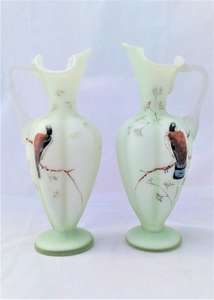 Pair of Green Opaque Uranium Satin Glass Jugs or Vases Antique Victorian