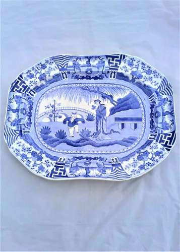 Copeland Lange Lijsen Long Eliza Meat Plate Platter Blue & White Antique c 1850