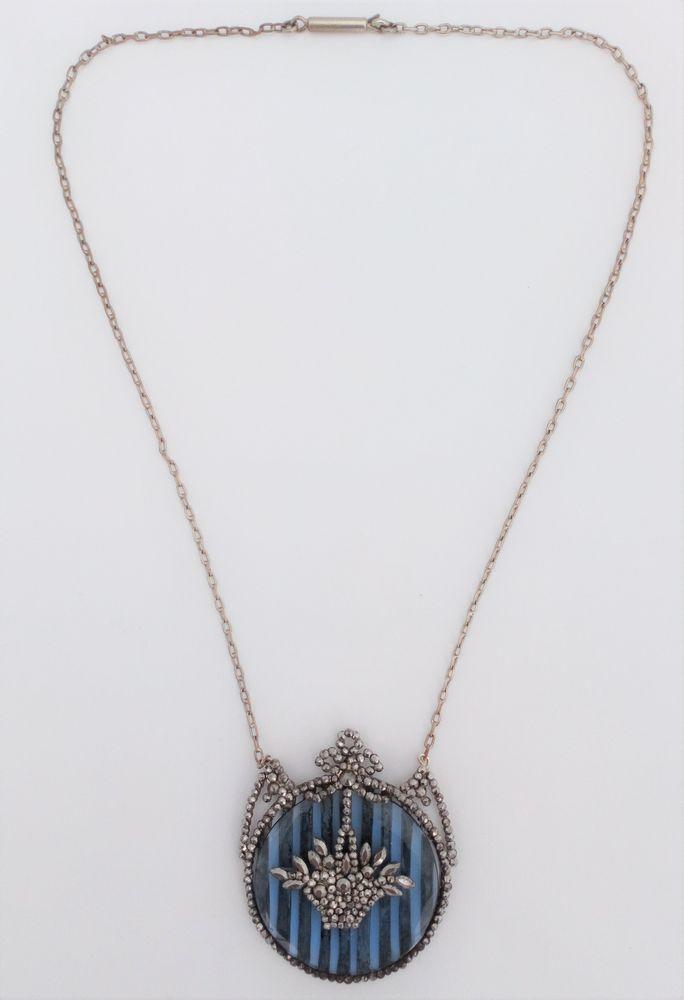 Regency Cut Steel Pendant Necklace Blue Glass Back Basket Design Antique c 1820