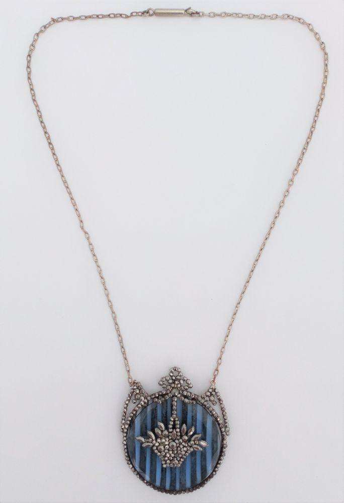 Regency Cut Steel Pendant Necklace Blue Glass Back Basket Design Antique c 1820