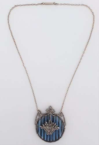Regency Cut Steel Pendant Necklace Blue Glass Back Basket Design Antique c 1820