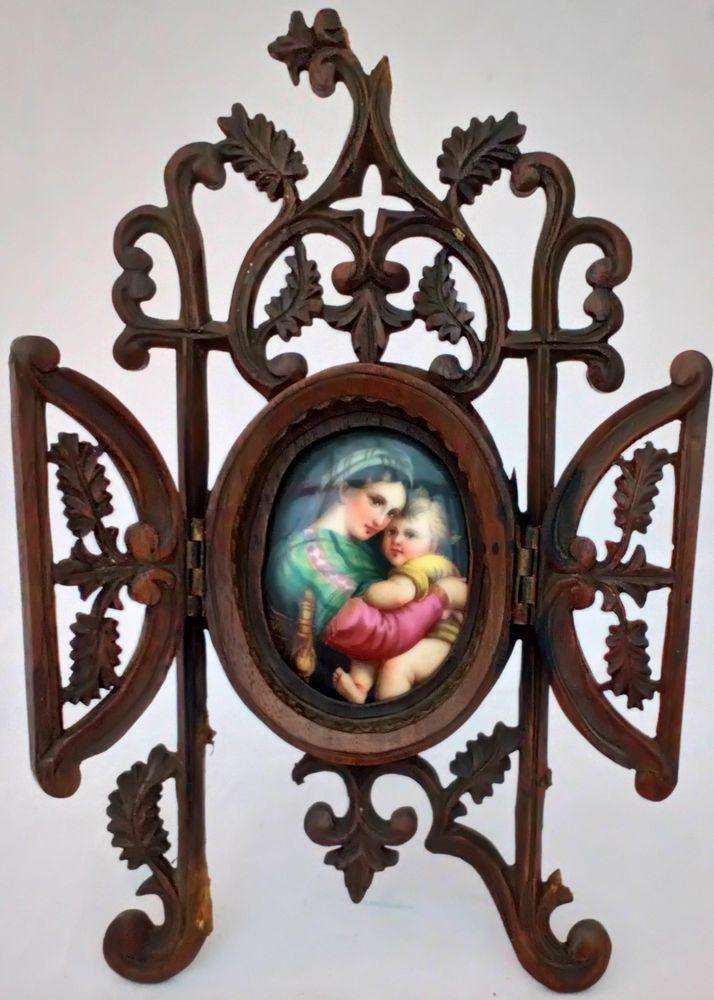 Antique Hand Carved Black Forest Frame Porcelain Plaque Madonna Della Sedia