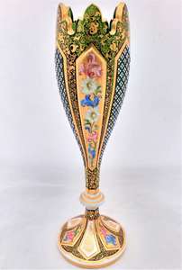 An antique Bohemian Cut Green Overlay Glass Vase Gilded Panels Enamelled flowers and cross cut panels circa 1865