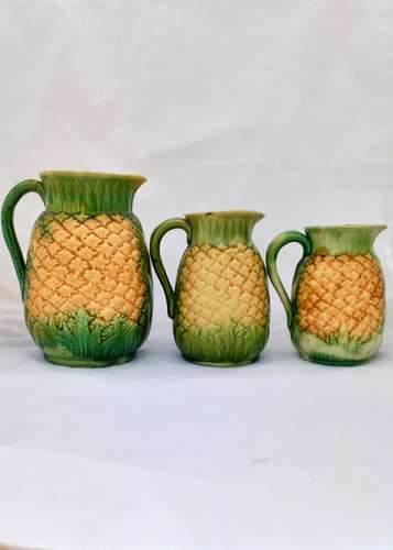 Antique Victorian Majolica Pineapple Jugs Graduated Set of Three Naturalistically Moulded Green and Yellow Glaze  circa 1870