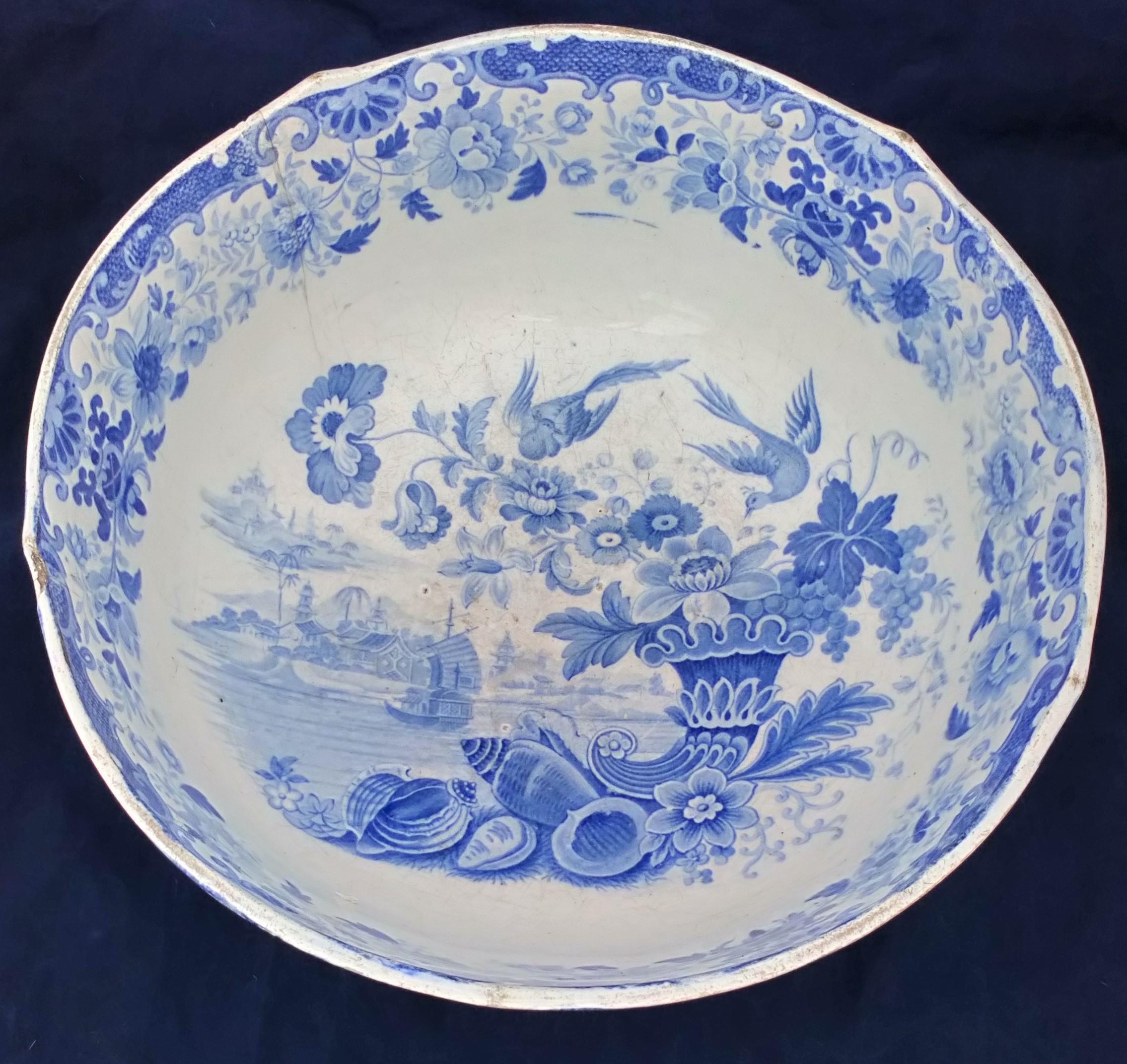 Antique Pearlware Punch Bowl Transfer Printed Oriental Shells Cornucopia Pattern circa 1825