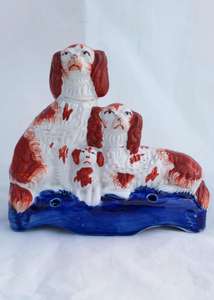Antique Russet and white Staffordshire dog family group figurine quill holder circa 1860
