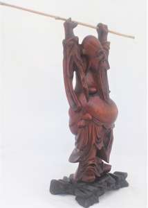 Chinese Carved Boxwood Figure Hotai Budai Buddha 壽老 Hardwood Stand  Antique 19thC
