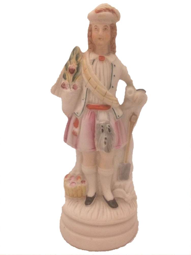 Antique European Continental Porcelain Figurine of a Scottish Gardener dressed in a Kilt holding a plant pot circa 1850