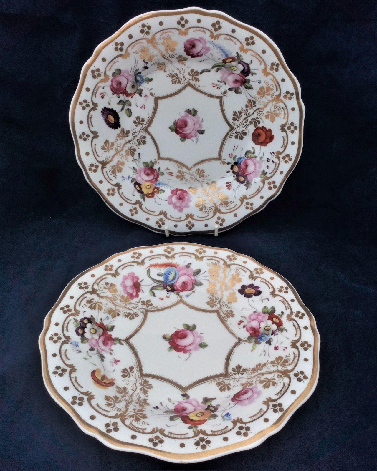 Antique Pair of John and William Ridgway Porcelain Plates Hand Painted Floral Pattern and ornate gilding with vines circa 1825.