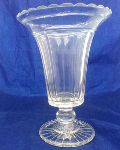 Antique Victorian large glass celery Vase with a scallop cut everted rimed rim, a panel cut bucket shaped bowl on a ball knopped stem and plain star cut foot, circa 1860.
