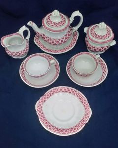 Child's Nursery or Doll's Tea Service 11 Pieces Transfer Printed in red with the Brixton pattern Antique c 1845