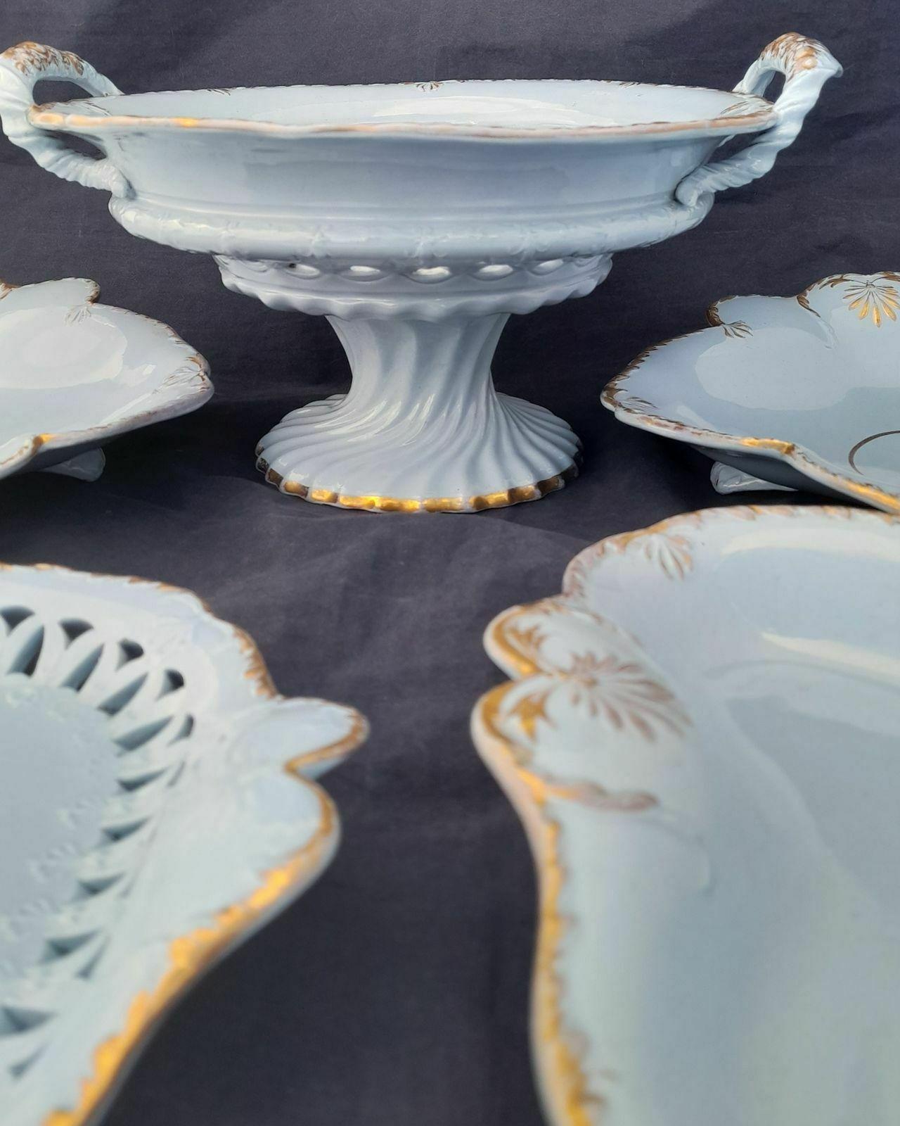 Antique William Ridgway & Co Pale Blue Earthenware Part Dessert Service circa 1830 - low relief moulded pierced and gilded with handles five pieces