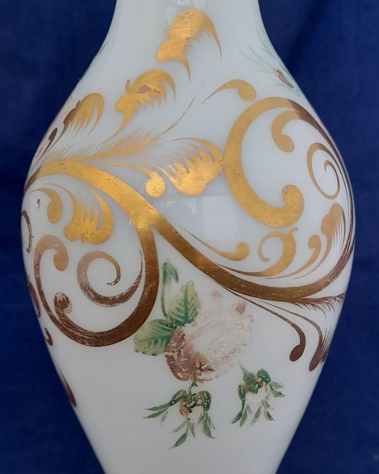 Antique Bohemian opaline opaque white glass vase painted pink roses and gilded feather like leaf decoration circa 1860. 25 cm high 8 cm diameter, weighs 968 grammes unapacked.
