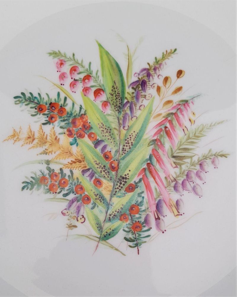 An antique Royal Worcester Porcelain Botanical Dessert Plate Heather Pattern number 8893 impressed date code 1904 Jewelled rim