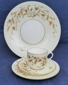 Antique Aesthetic Movement Moore Brothers Cup Saucer & Plates Set Gilded & Hand Painted with Jewelled Flowers Grasses and Butterflies circa 1875