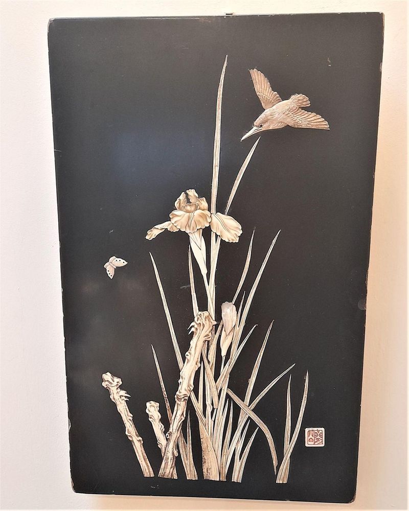 Japanese Antique Shibayama Black Lacquered Wall Panel Inlaid With Mother of Pearl & Ivory Kingfisher Butterfly Iris & Grasses Meiji Period circa 1880