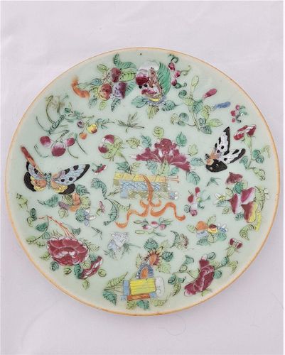 Chinese Canton Celadon Plate Painted enamel flowers & Butterflies 19th century Stylised blue seal mark Guangxu antique 1880 19 cm D