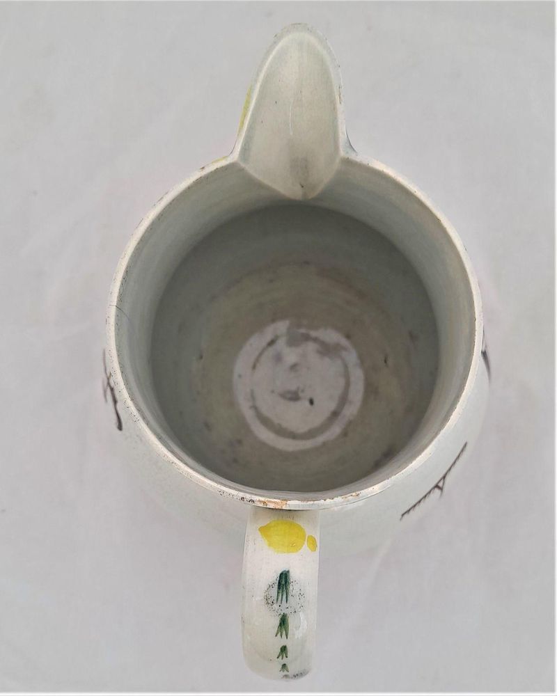 Pearlware high temperature underglaze decorated jug painted name - Edward Croston and farm implement  - Antique circa 1800 - prattware - capacity 2.5 pints or 1.45 litres - 17.5 cm high