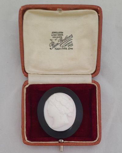 Antique Whitby Jet Oval Brooch frame mounted with a Pale Shell Cameo Carved with the Goddess Flora in High Relief Well Carved Victorian circa 1870