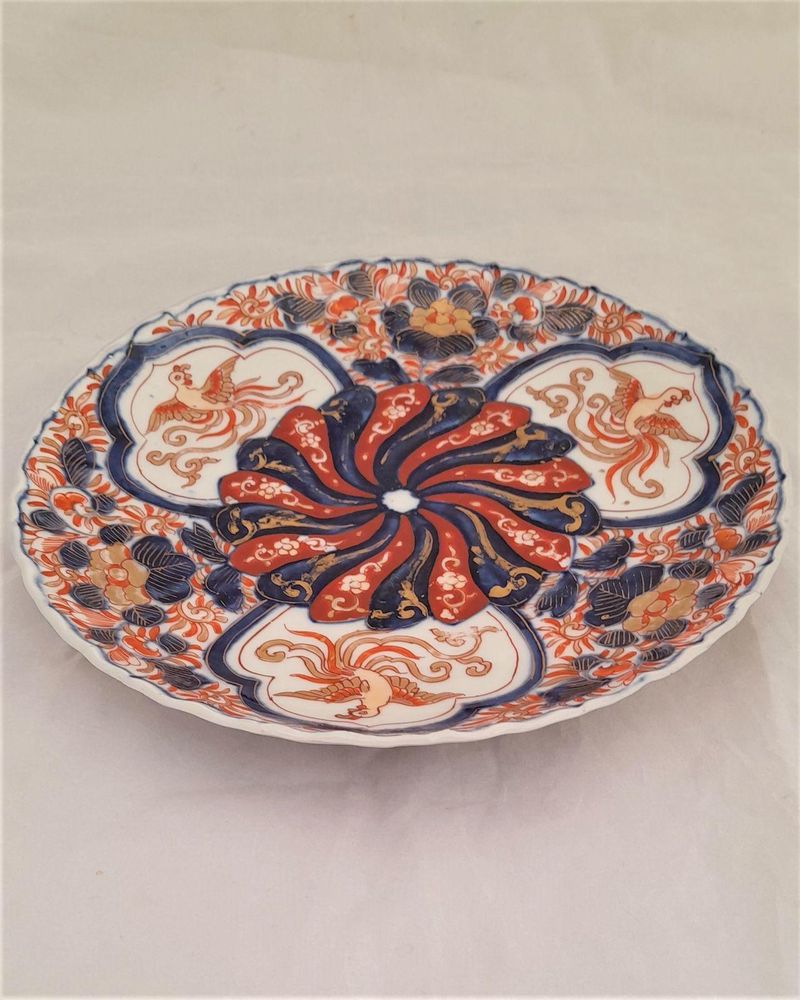 Antique Japanese Arita Porcelain Plate Ribbed Hand Painted Imari Pattern HoHo Bird or Chinese Phoenix Central low Relief Chrysanthemum Meiji ca 1880