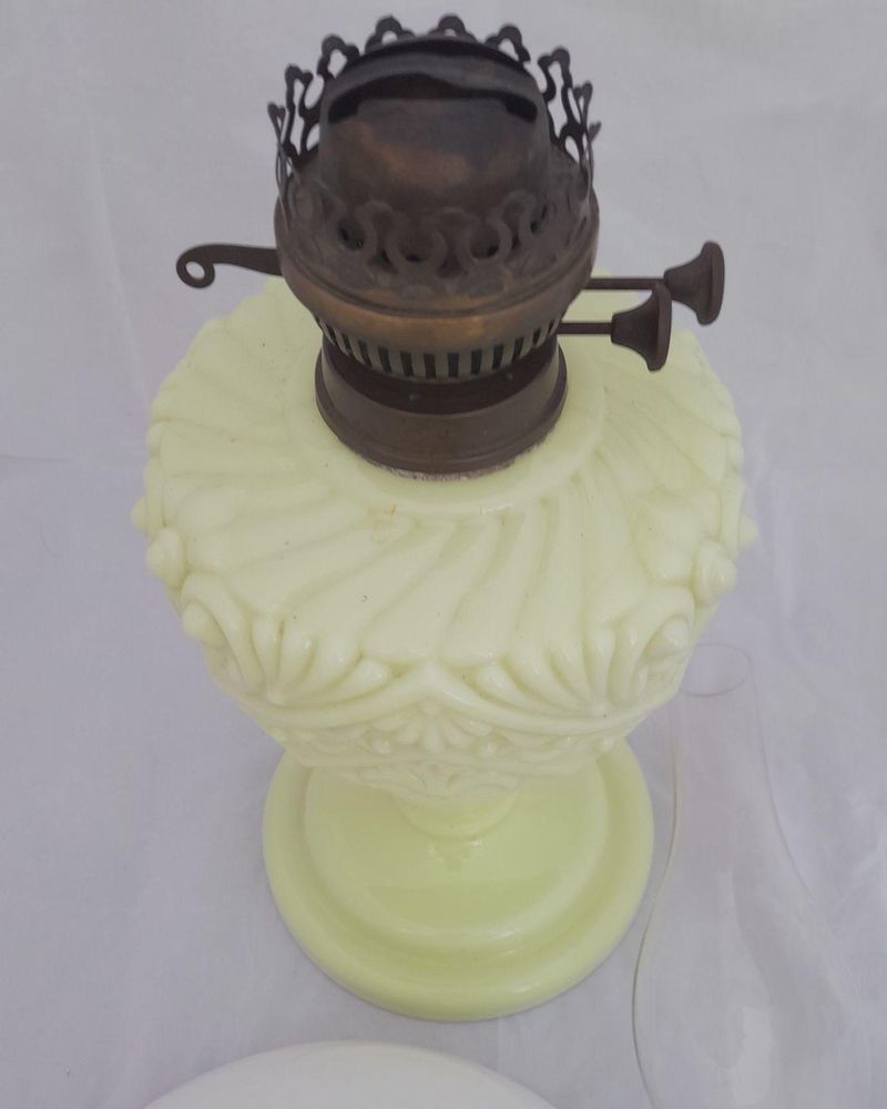 Antique Uranium Glass Oil lamp duplex burner marked - Lewtas - National Lamp Works - circa 1890 - complete duplex burner chimney shade & carrier 57cm