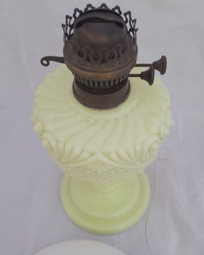 Antique Uranium Glass Oil lamp duplex burner marked - Lewtas - National Lamp Works - circa 1890 - complete duplex burner chimney shade & carrier 57cm