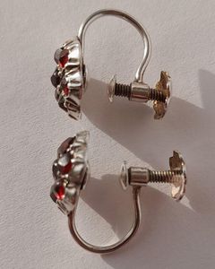 Antique Silver and Bohemian Garnets Stud Screw Back Earrings Edwardian circa 1910