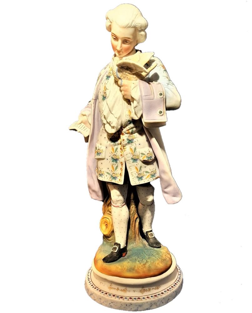 An antique French Old Paris enamelled bisque porcelain figurine young man with a dove on an oval faux marble base circa 1880 - 37 cm high - 2.58 Kg Probably Chantilly