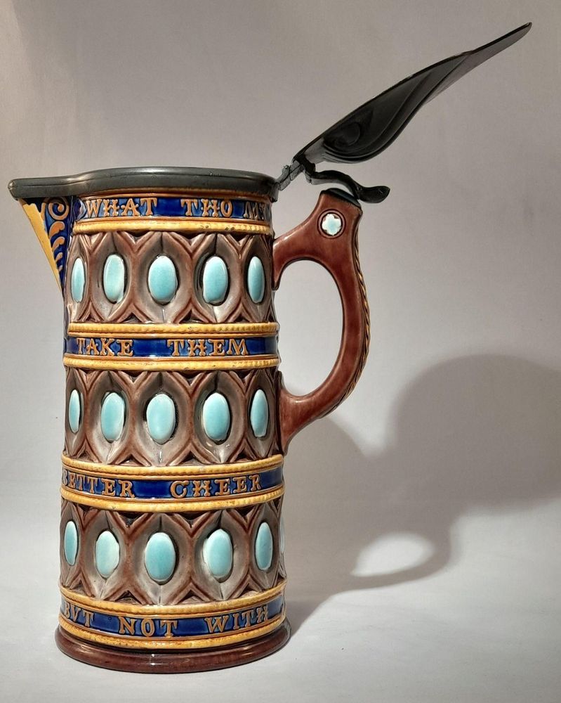 Antique Wedgwood majolica pottery jewelled caterers jug - What tho my Cates be poor  take them in good part, may you have better cheer but not with better heart'.   An excerpt from Shakespeare's "Comedy of Errors" Act 3, scene 1. - circa 1865 Victorian 19.7cm High 1 1/2 pints capacity weight 724 grammes unpacked.