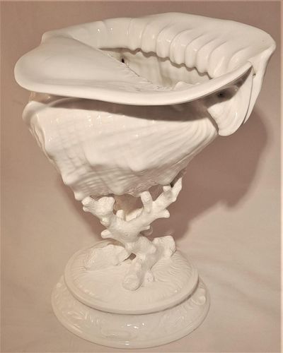Antique Wedgwood White Porcelain Centrepiece - Fine Bone China Conch Shell sat Upon Coral on a round base - Victorian circa 1900 - 24.8 cm H 19 cm L
