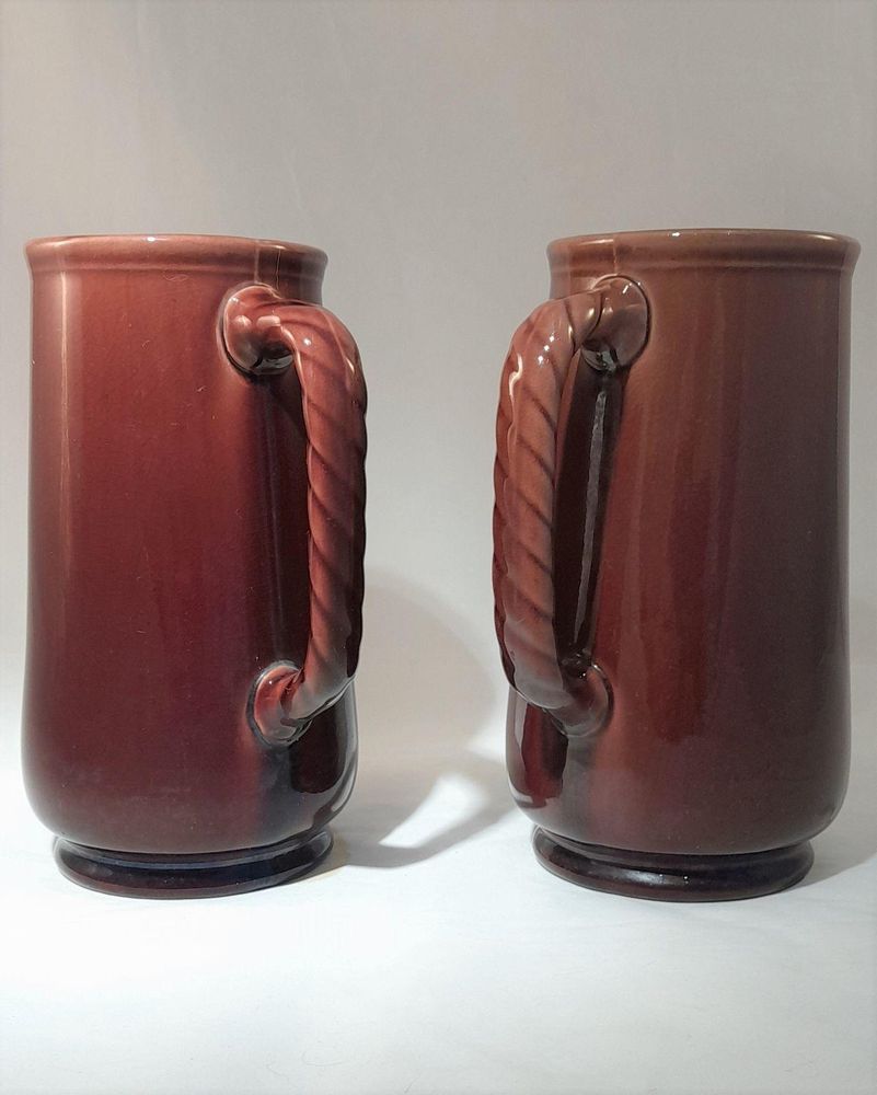 Pair of antique Wedgwood majolica pottery rope handled jugs - Purple Glazed elegant slender tapering cylindrical form - circa 1920 - 18.1 cm high 1 1/4 pints capacity