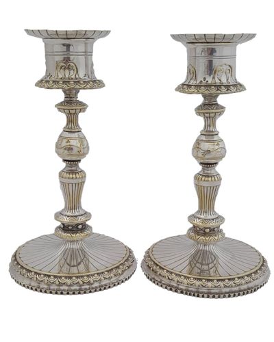Pair of Elkington silver plated candlesticks Designed by Pierre Emile Jeannest c 1855 - Marked Elkington Mason & Co Publishers Fine Art Manufacture 9 cm diameter 15 cm high 0.894 kg