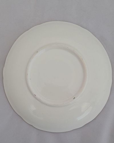 An antique mid Victorian porcelain tea cup and saucer with a scalloped rim and reinforced handle hand painted with roses and gilded extensively with a sea weed pattern made by Sir James Duke & Nephews circa 1860 in the factory previously run by Samuel Alcock and company.