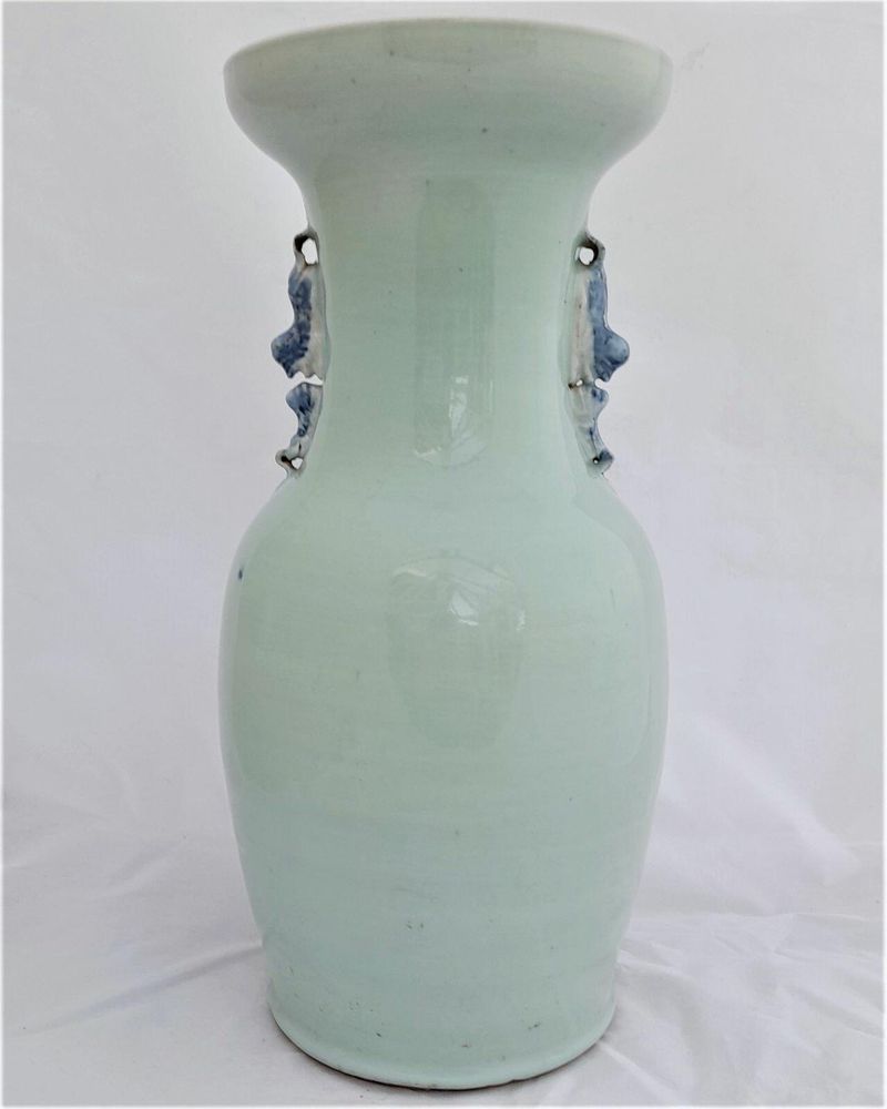 Antique Chinese Porcelain Celadon Ground Vase Blue & White Precious Things Lion Dog Handles baluster shape flared trumpet neck Qing dynasty late 19thC 42cm high 20.6 cm diameter 3.65 kg