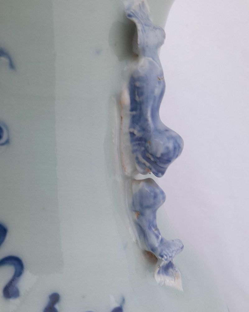 Antique Chinese Porcelain Celadon Ground Vase Blue & White Precious Things Lion Dog Handles baluster shape flared trumpet neck Qing dynasty late 19thC 42cm high 20.6 cm diameter 3.65 kg